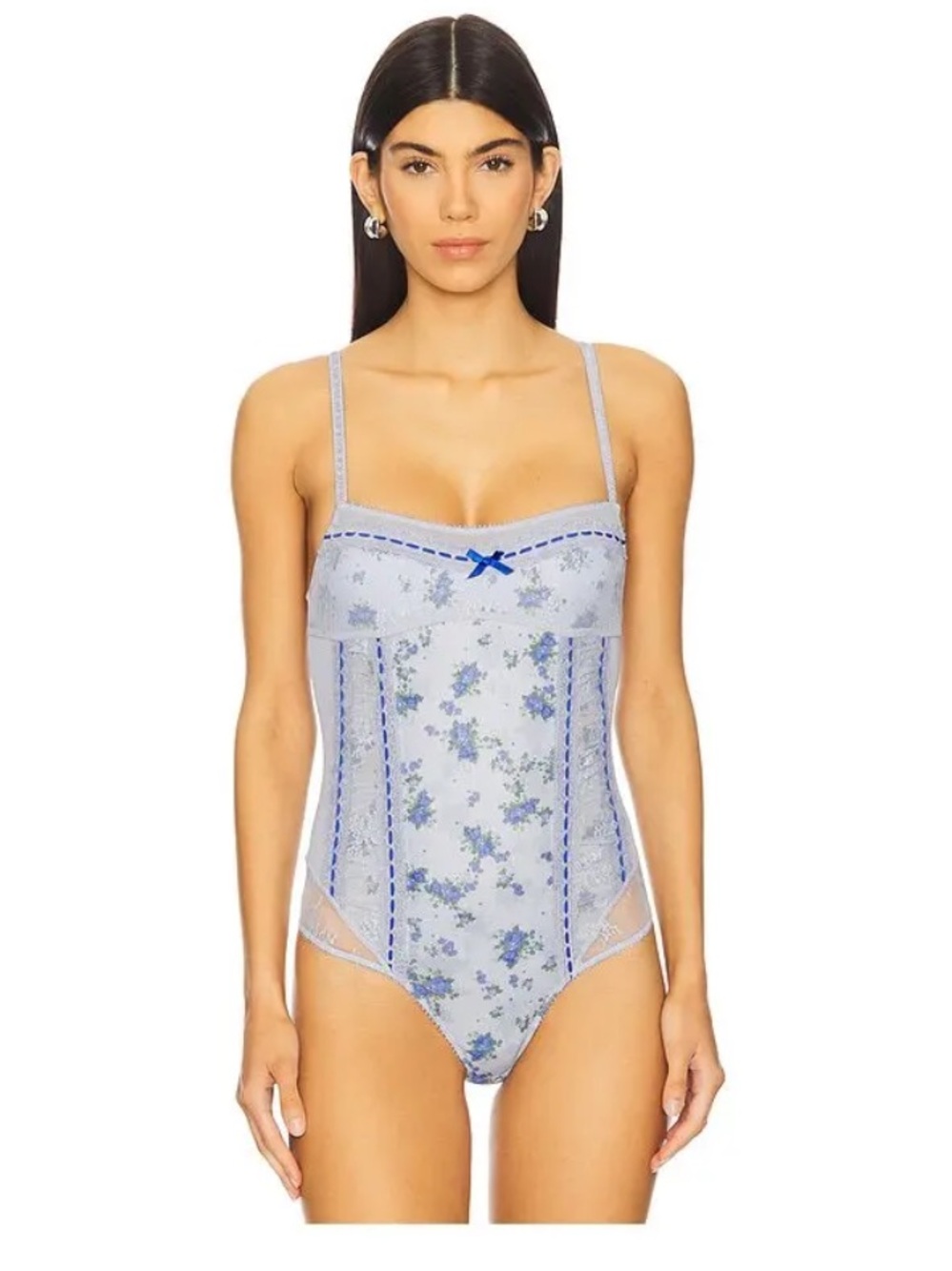 Free People Sara Corset Bodysuit in Light Blue with Navy Trim